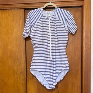 Kona Sol Blue Red White Striped One Piece Swimsuit Zip Front - XL